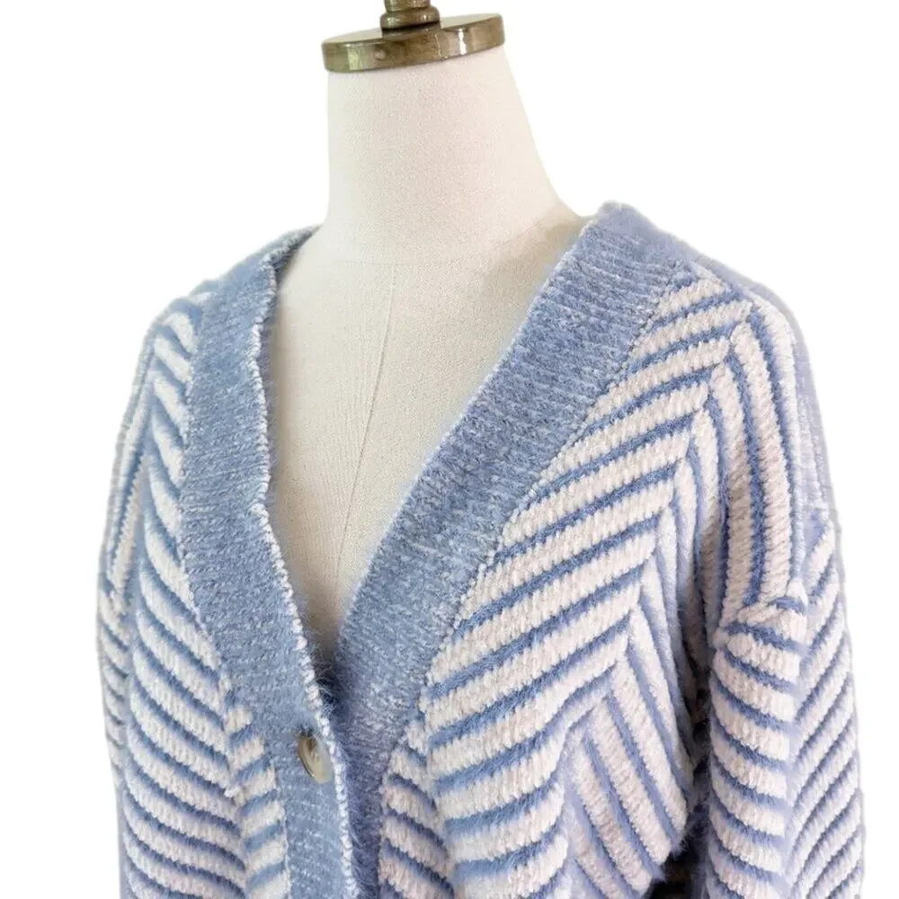 FRNCH Blue/White Herringbone Cardigan Size S/M V-Neck Button Up Oversized Fit